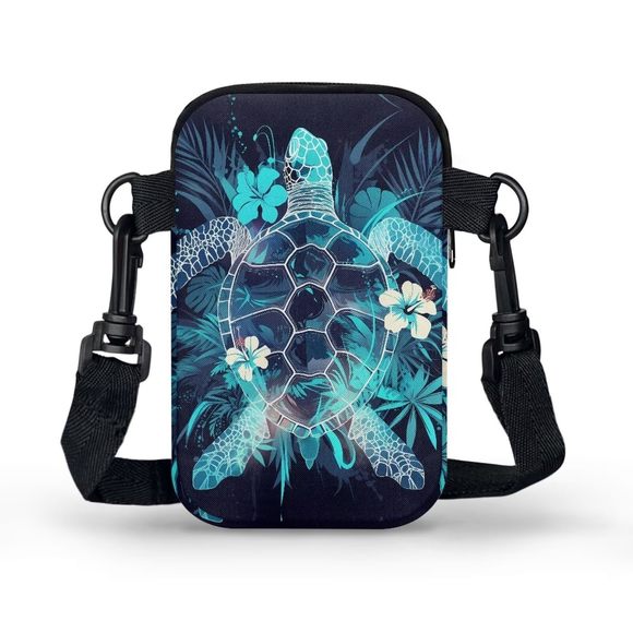 Tropical Turtle Flowers Travel Crossbody Bag Deep Blue Cell Phone Shoulder :D - Picture 2 of 7